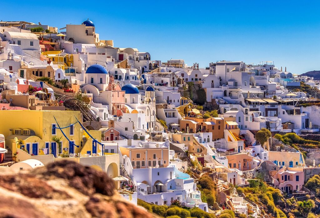 Santorini w Grecji. Zdjęcie panoramy Santorini w grecji.